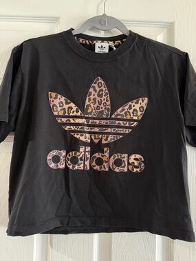 adidas Black Tee with Pink Leopard Trefoil Graphic